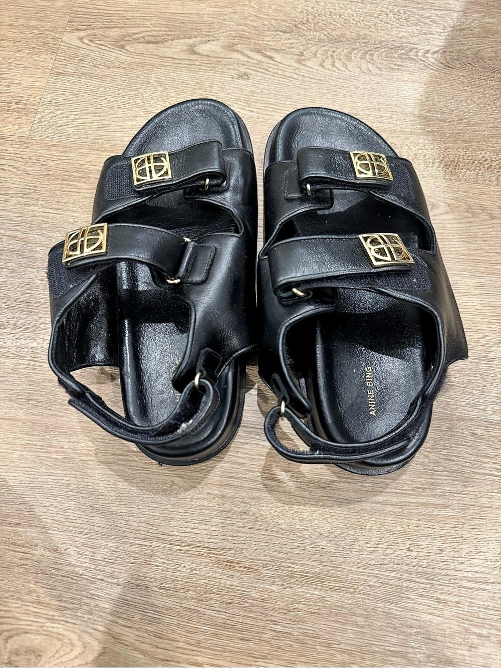 ANINE BING Black Leather Sandals Gold Hardware